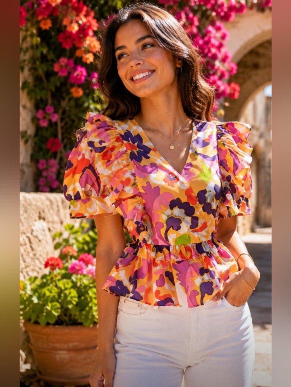 J. Crew Yellow Pink Purple Floral Puff Sleeve Peplum Wrap Blouse NWT Size XS